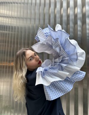 Navy tailored blazer with striped ruffle sleeve (Pre-order)