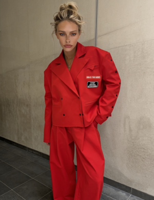 Denim red set with patches on jacket